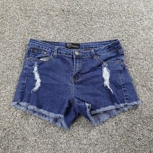 Cut Off Shorts Womens L Blue Jean Denim Low Rise Mini Micro Shortie Fray Stretch